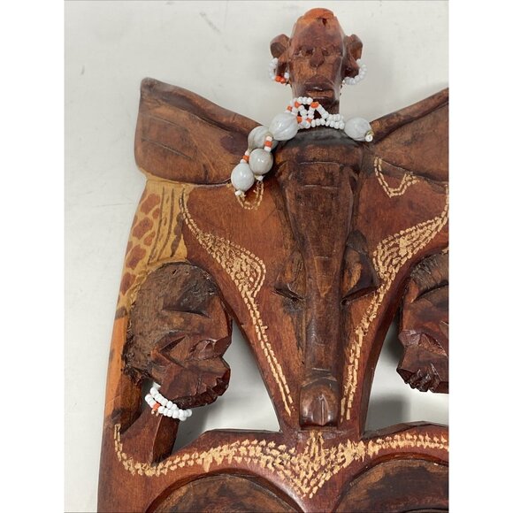 Vintage African Art Maasai Hand Carved Wood Mask Kenya 2 Faces & Elephant Beads - Picture 2 of 10